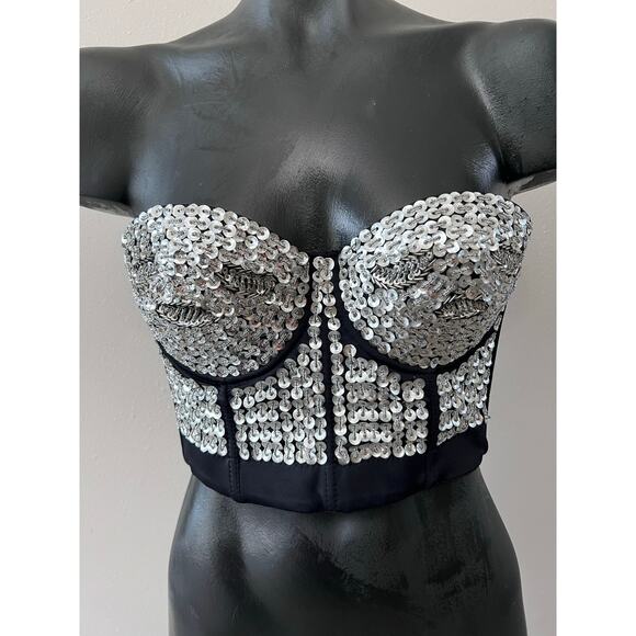 NWT Alivila Y Sequin Bustier Corset Top Sz S Black Silver Coquette Party Club - Picture 1 of 8